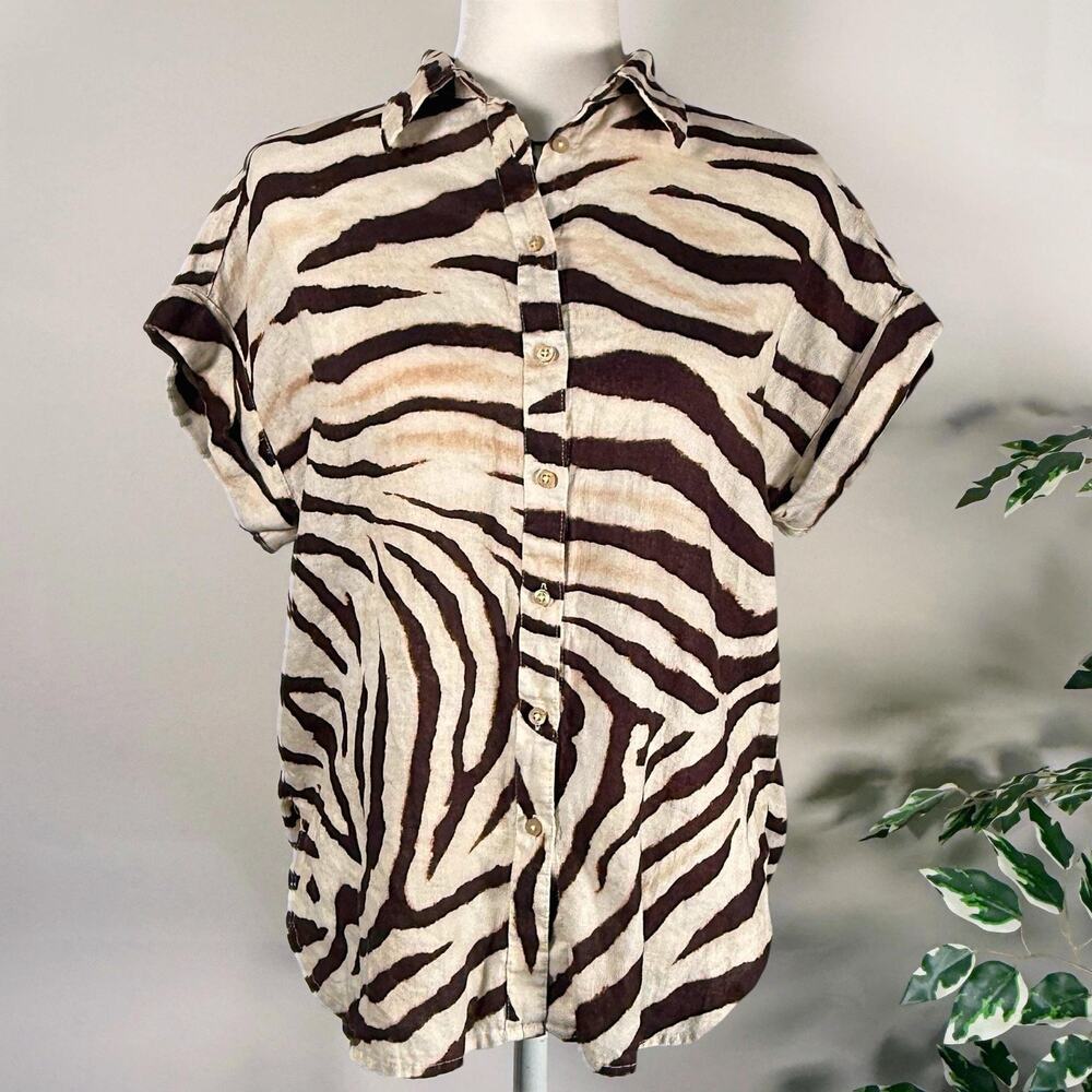 Lauren Ralph Lauren Linen Zebra Camp Shirt Button Up Tunic SP Safari Ivory Brown